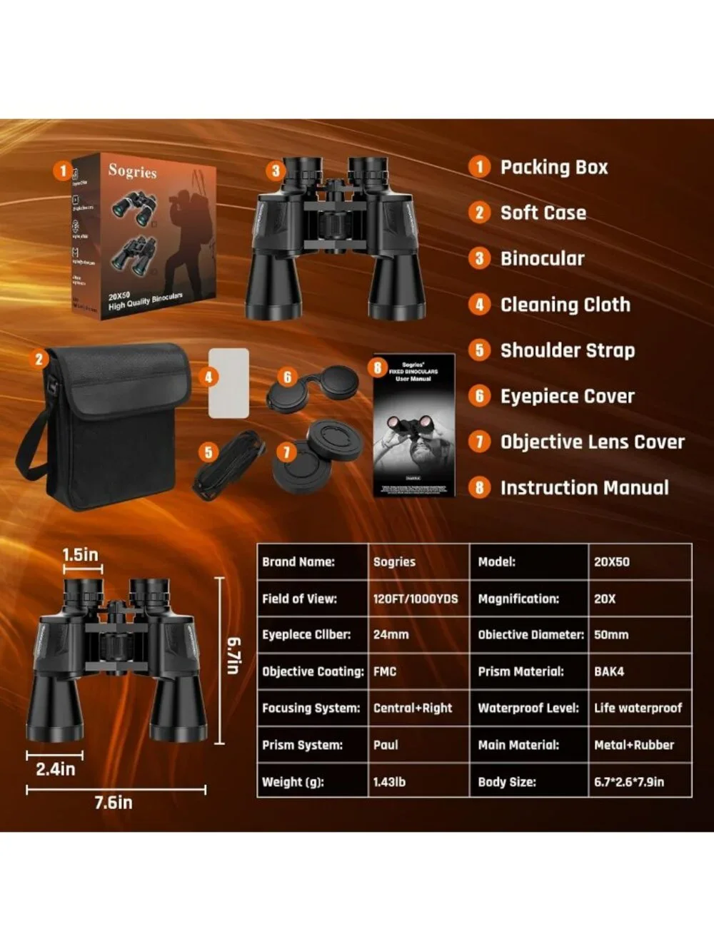 High Power 20x50 Binoculars for Adults - Low Light Night Vision, Waterproof